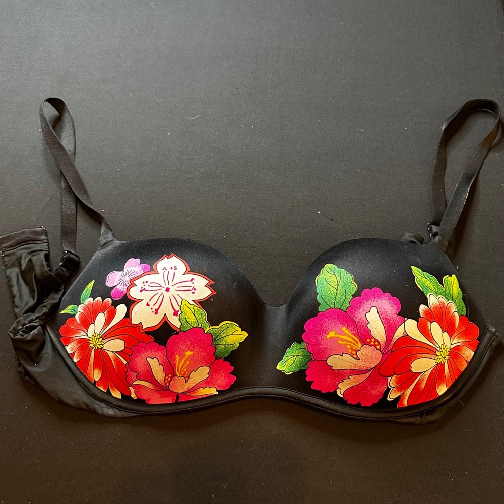 Victorias Secret Balconet Bra Black Floral Graphic Print 36DD Underwire Lingerie